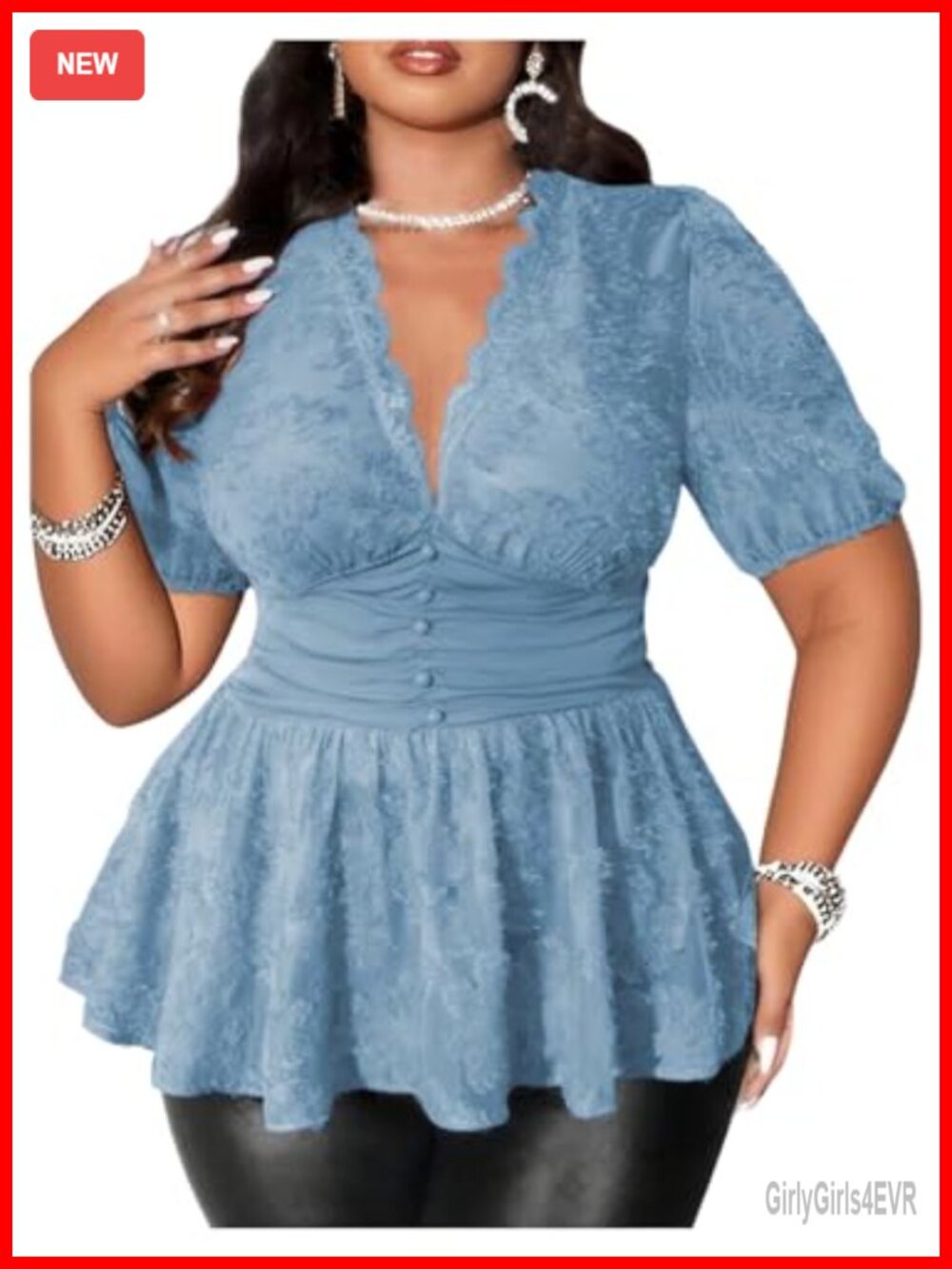 Plus Size Sexy Lace Peplum Top, Sheer Mesh Deep V Neck Short Sleeve Babydoll